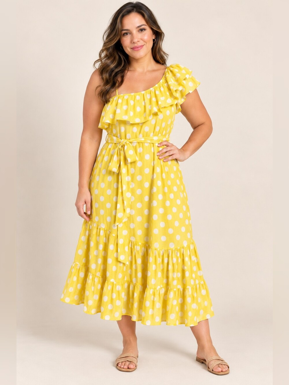 Lisa Maroe Fernandez Yellow Polka Dot One-Shoulder Ruffle Dress